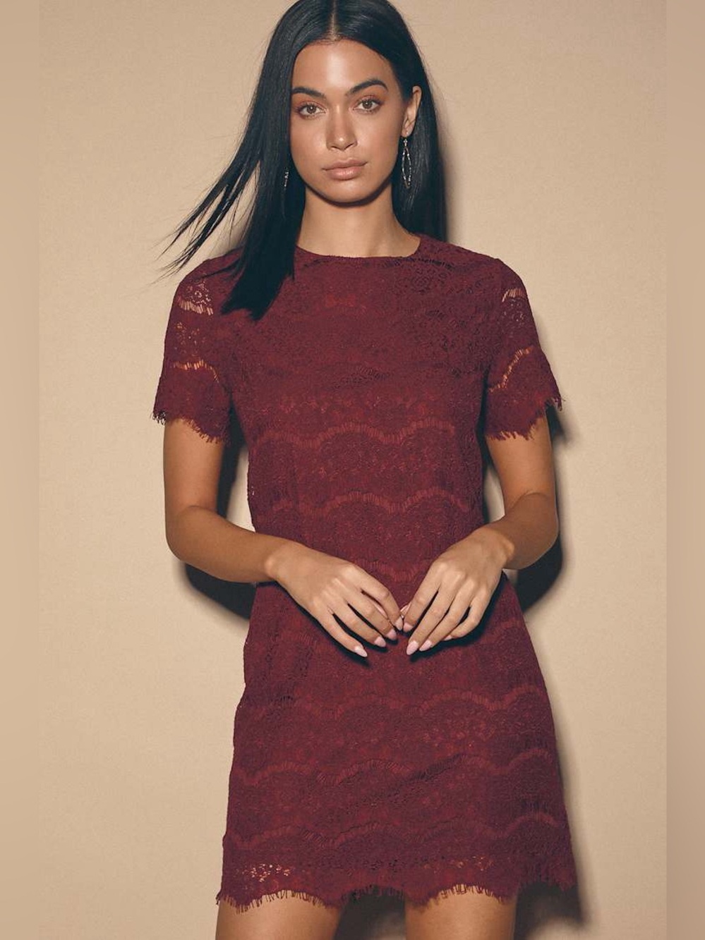Lulus Take Me to Brunch Lace Shift Dress Burgundy Size Small Feminine Date Night